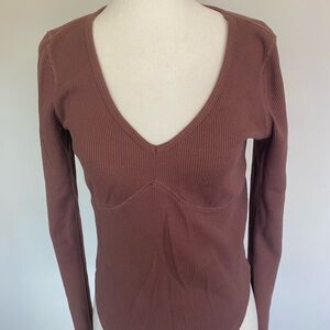 BP Brown Ribbed V-Neck Top
